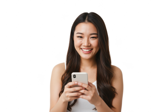 Portrait of a happy woman using mobile phone isolated on white background, no depth of field, sharp.