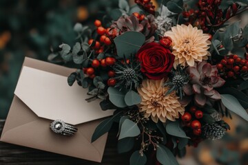 A couple preparing for an upcoming wedding, with invitations, rings, and floral arrangements on a table