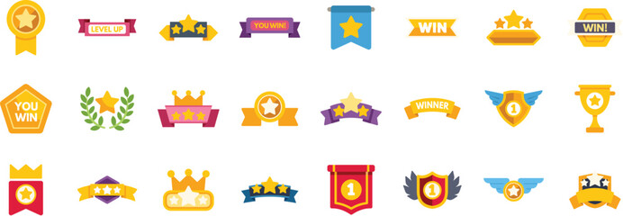 Colorful ranking icons represent winning, leveling up, and achieving awards