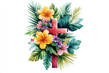 A vibrant floral arrangement with a red cross symbolizing faith and spirituality.
