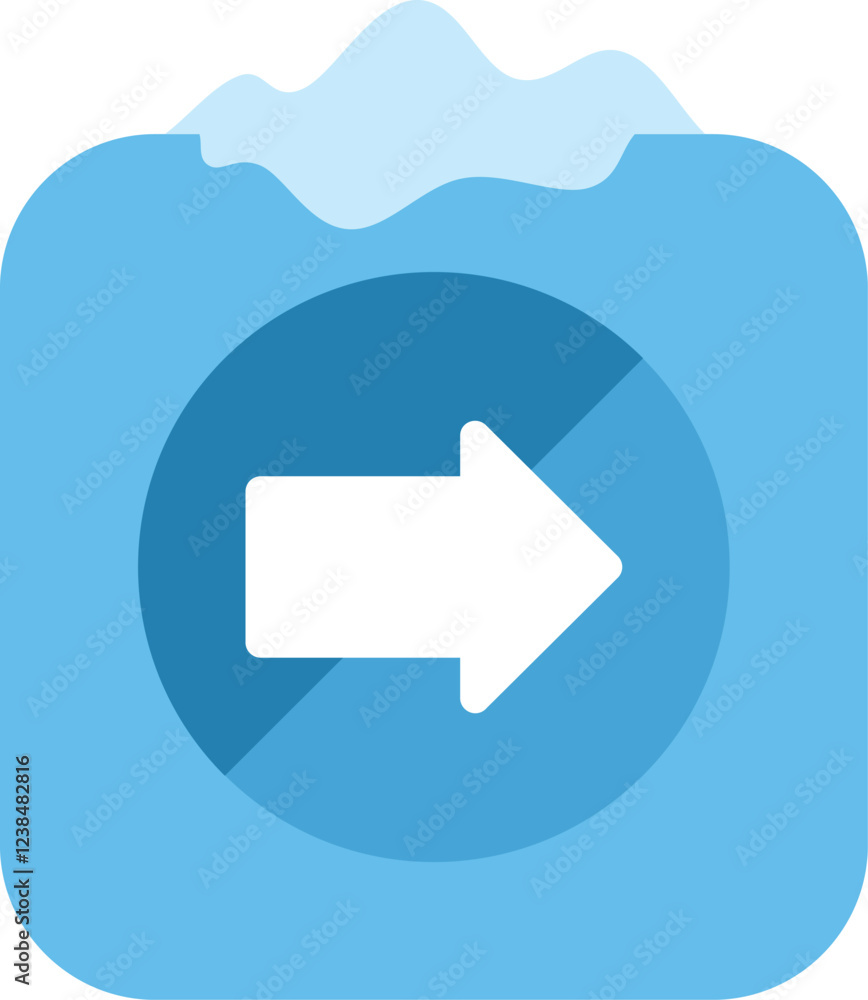 Poster minimalist blue rounded square button with a white arrow pointing to the right, isolated on white ba
