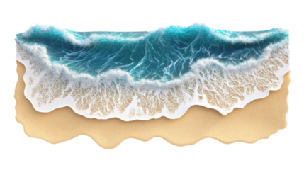 Tropical blue ocean wave breaking on sandy beach with transparent background