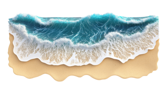 Tropical blue ocean wave breaking on sandy beach with transparent background