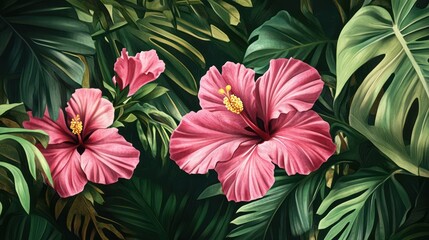 Obraz premium A lush tropical setting featuring bright hibiscus flowers with vivid greens in the background