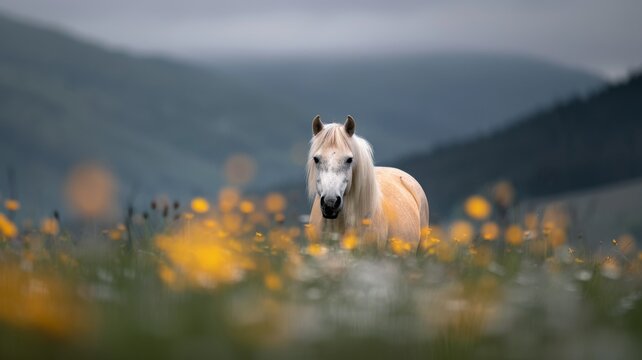Haflinger in Mountain Meadow: A Haflinger horse, grazing in a flower-filled meadow at the base of a majestic mountain range. - Powered by Adobe