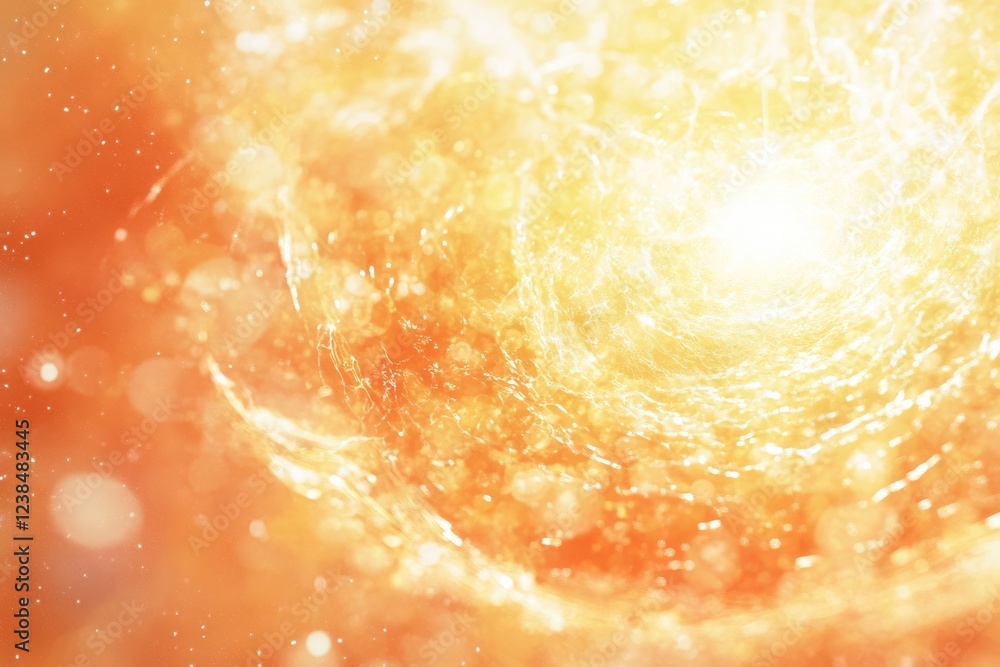 Poster abstract swirling vortex of golden light and bokeh, creating a radiant and energetic visual.