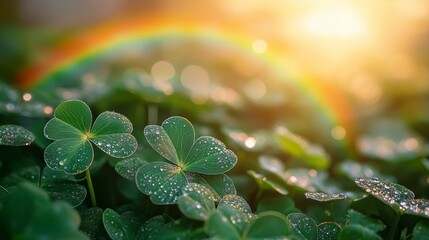 Dew covered shamrocks bask in sunlight and rainbow