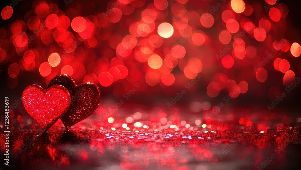 Poster abstract red heart bokeh background with shiny lights and floor reflection. love and valentines day 