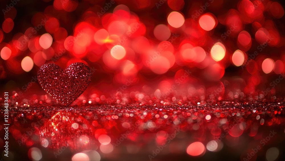 Poster abstract red heart bokeh background with shiny lights and floor reflection. love and valentines day 