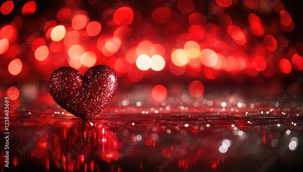 Poster abstract red heart bokeh background with shiny lights and floor reflection. love and valentines day 