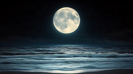 Full Moon Over Dark Ocean Waves at Night