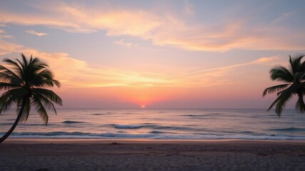 Sunset over a tranquil ocean and sandy beach with swaying palm trees, ocean, scenery