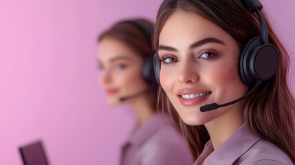 A young female customer service representative wearing a headset, smiling while assisting clients, with a colleague in the background