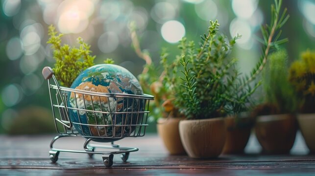 Mini shopping cart featuring globe and plants represents eco friendly consumer choices