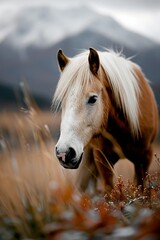 Haflinger in Mountain Meadow: A Haflinger horse, grazing in a flower-filled meadow at the base of a majestic mountain range.