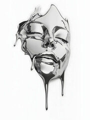 A surreal and artistic depiction of a melting metallic human face, resembling liquid chrome, isolated against a white background for a futuristic effect
