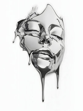 A surreal and artistic depiction of a melting metallic human face, resembling liquid chrome, isolated against a white background for a futuristic effect