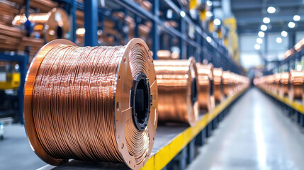 Obraz premium Close-up of copper wire spools in a modern industrial manufacturing facility.