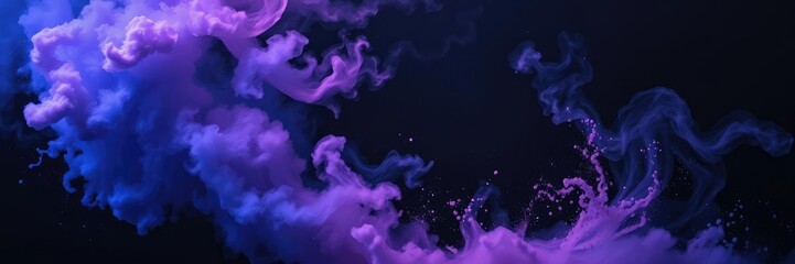 Swirling clouds of colorful powder in shades of indigo violet blue and pink swirling across a dark black canvas creating an ethereal effect, cloud, colors, fantasy