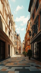 Fototapeta premium Sunlit European Street Scene with Elegant Buildings