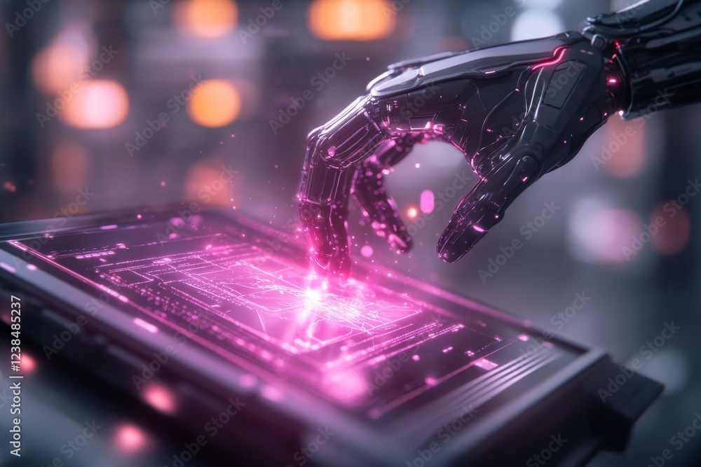 Poster A futuristic scene of robotic arms precisely swapping out a damaged panel on a spaceship with a high-tech substitute, glowing with energy in a sleek, neon-lit docking bay