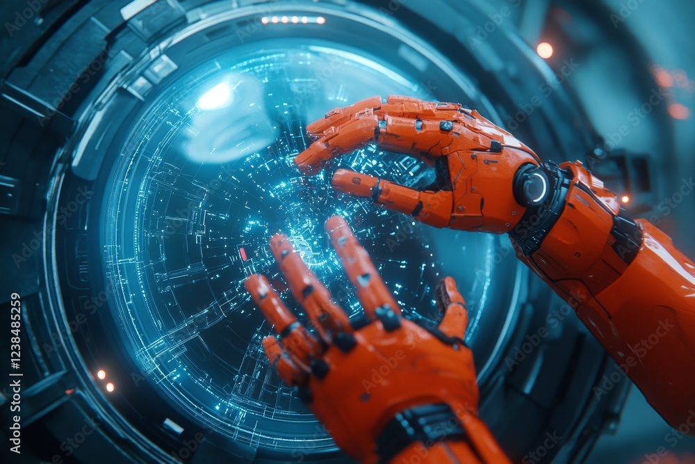Poster A futuristic scene of robotic arms precisely swapping out a damaged panel on a spaceship with a high-tech substitute, glowing with energy in a sleek, neon-lit docking bay