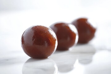 Obraz premium Three glistening gulab jamuns, Indian milk-solids sweets, rest on a marble surface.