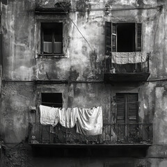 A black and white photograph of a decaying building with worn balconies, open windows, and laundry hanging, evoking a sense of urban decay