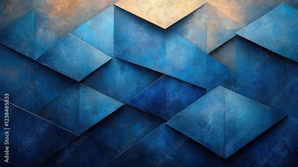 Poster blue geometric tiles form an abstract layered pattern with textured gold background