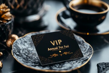A gold membership card with "VIP Annual Fee Paid" embossed on it, placed on a luxury marble table