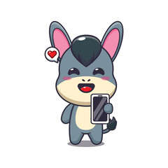 donkey mascot cartoon character vector illustration with mobile phone.