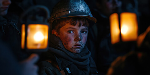Obraz premium Portrait of a Young Coal Miner with Lanterns