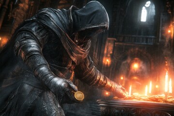 A gothic banker depositing gold coins into a vault lit by flickering candles, with intricate, dark engravings on the walls