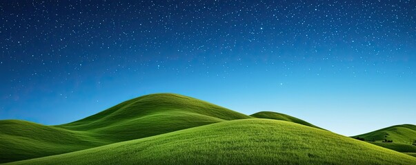 Obraz premium Starry skies nature concept. A serene hill under a starry sky, blending vibrant greens and deep blues at twilight.