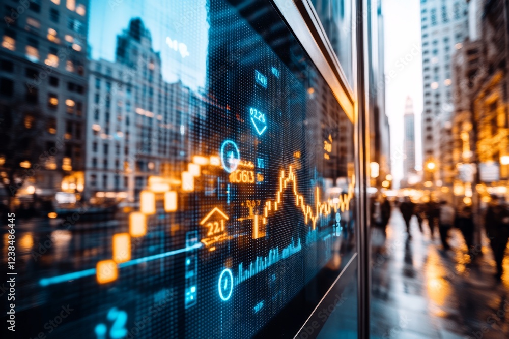Poster a high-tech, holographic screen displaying live interest rate data with glowing, futuristic icons an
