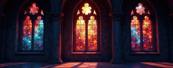 Obraz premium The moon casts shadows on the chapel windows with glowing stained glass panes, ambiance, chapel, shadows