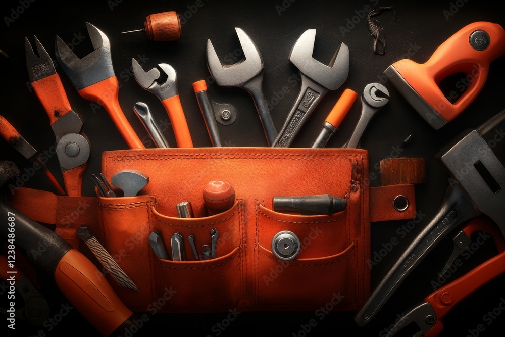 Poster a hyper-realistic close-up of a leather tool belt with different compartments filled with versatile 