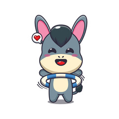 donkey mascot cartoon character vector illustration playing hula hoop.