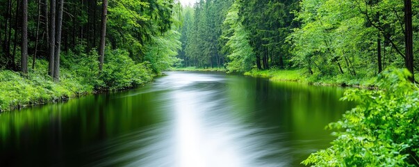 Obraz premium Riverside scenes nature concept. Serene river flowing through lush green forest under soft daylight.