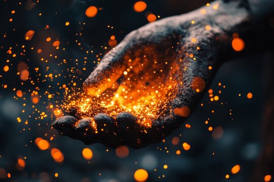 A master blacksmith forging a glowing sword, sparks flying as they hammer the heated metal