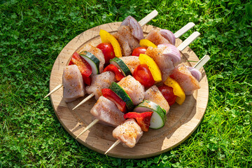 fresh raw chicken and vegetables skewers