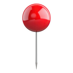 single round red pushpin with metallic shaft marking locations information isolated on png transparent background