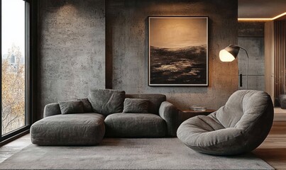 Minimalist Living Room Design Modern Gray Sofa Unique Armchair Warm Lighting Scandinavian Style Concrete Wall