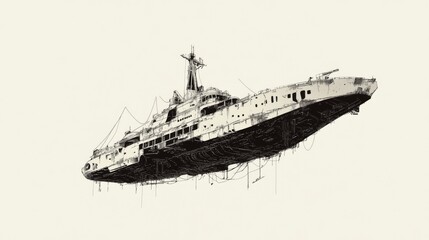 Abandoned ship wreckage floating, sea background, illustration, graphic design