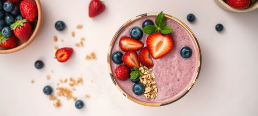 Bowl of granola with yogurt and berries for healthy breakfast.