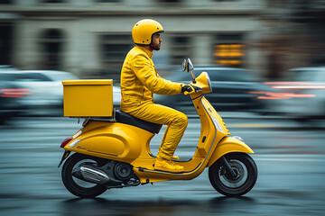 A deliveryman is riding their scooter with a delivery box on the back, delivery rider scooter food courier express parcel package service fast shipping home last mile logistics urban delivery