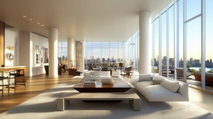 Bright, energy-conscious apartment interior with sleek air conditioning units, large windows, and sustainable materials in the design