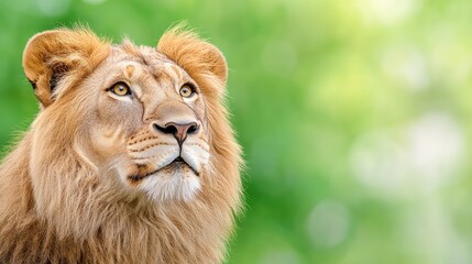Fototapeta premium Majestic lion gazing upward, green bokeh background