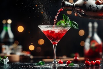 A mixologist shaking a cocktail with flair, pouring it into a glass with perfect presentation