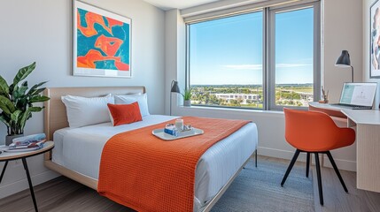 Bright room featuring energy-saving air conditioning, large windows for natural light, and stylish modern furnishings